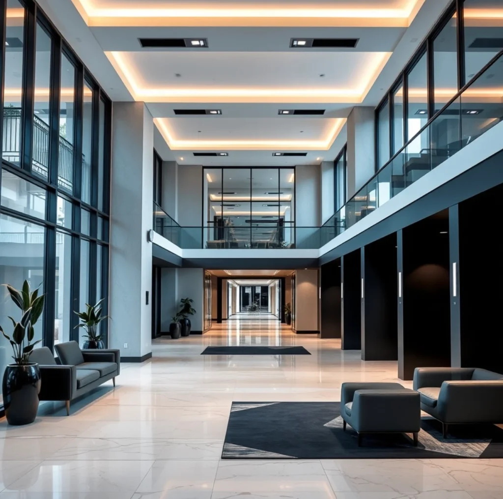 Commercial lobby with tiled floors, seating, and glass-walled upper floors