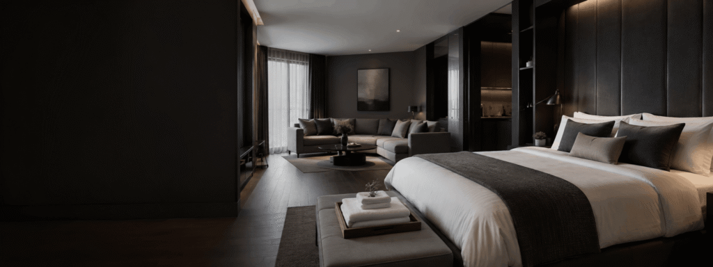 Prepared bedroom with a made bed, folded towels, and adjoining sitting area