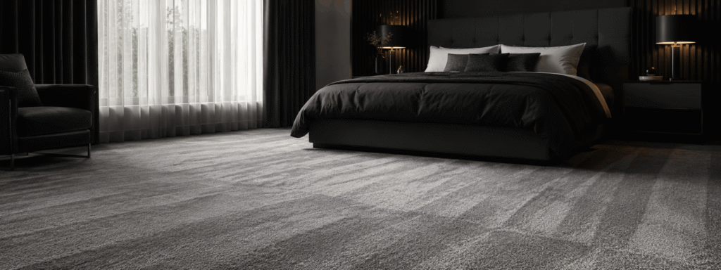Carpeted bedroom with a bed, upholstered chair, and floor-length curtains
