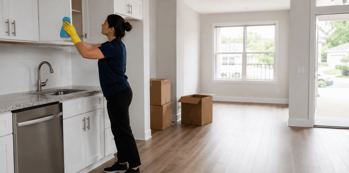 A cleaner wiping upper kitchen cabinets in a mostly empty home with moving boxes.
