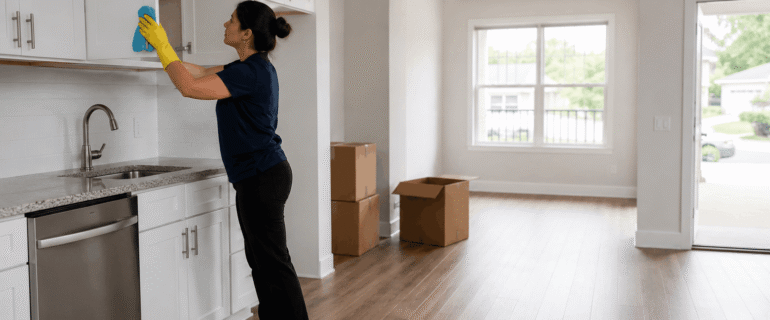 A cleaner wiping upper kitchen cabinets in a mostly empty home with moving boxes.