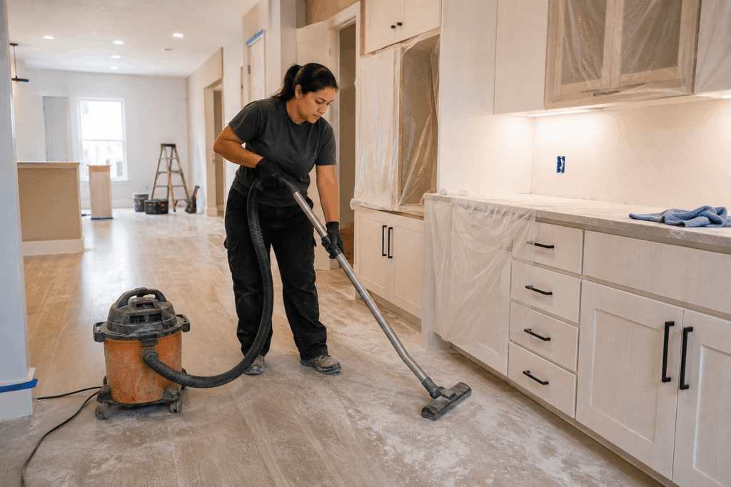 Person vacuuming renovation dust in an unfinished interior