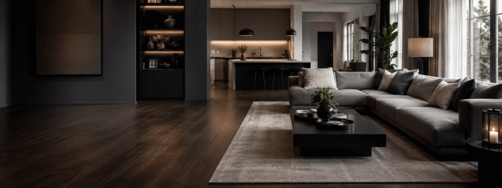 Living room with a sectional sofa, area rug, and open-plan kitchen