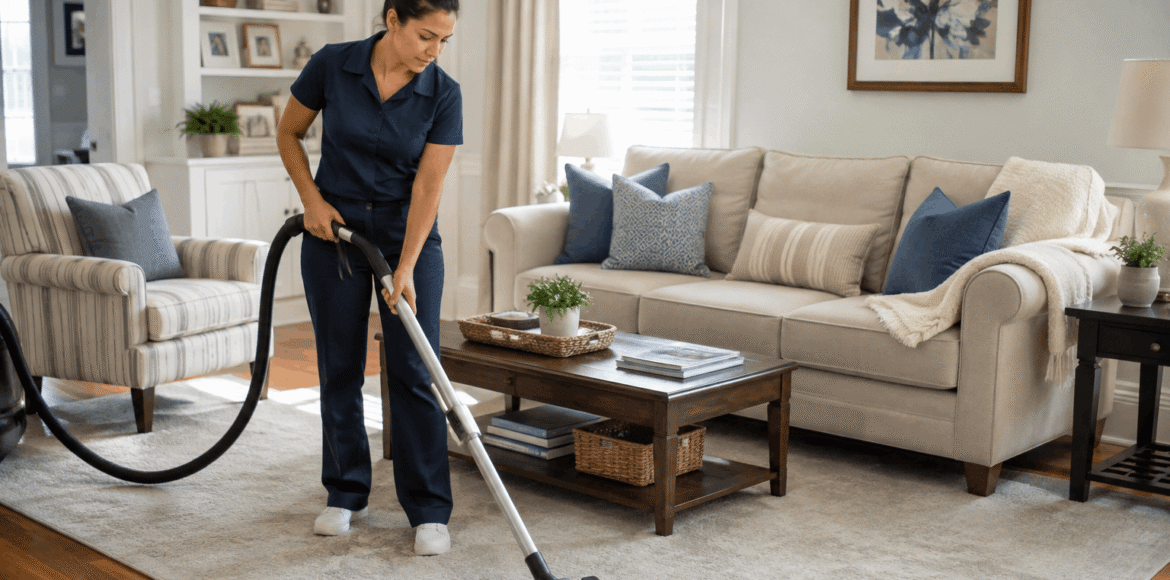A cleaner vacuuming a bright living room with a sofa and wood floors.
