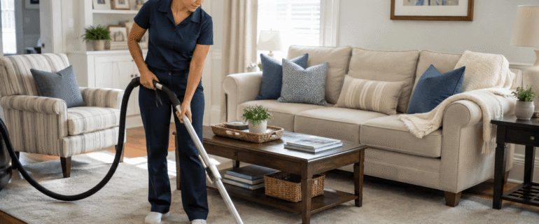 A cleaner vacuuming a bright living room with a sofa and wood floors.