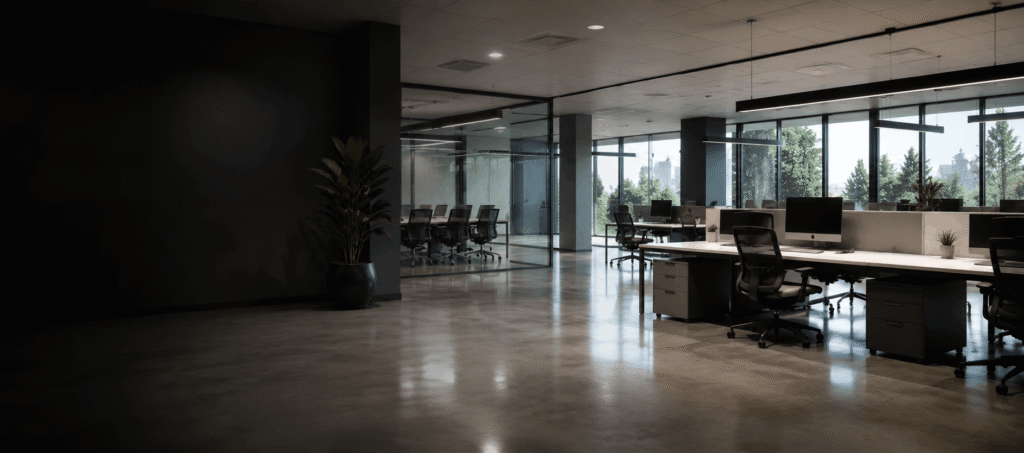 Open-plan office with desks, glass partitions, and meeting rooms