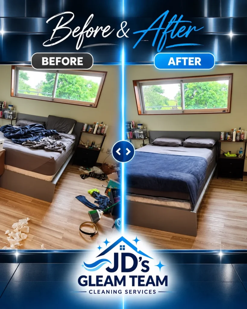 Before-and-after comparison of a bedroom with a made bed and cleared floor