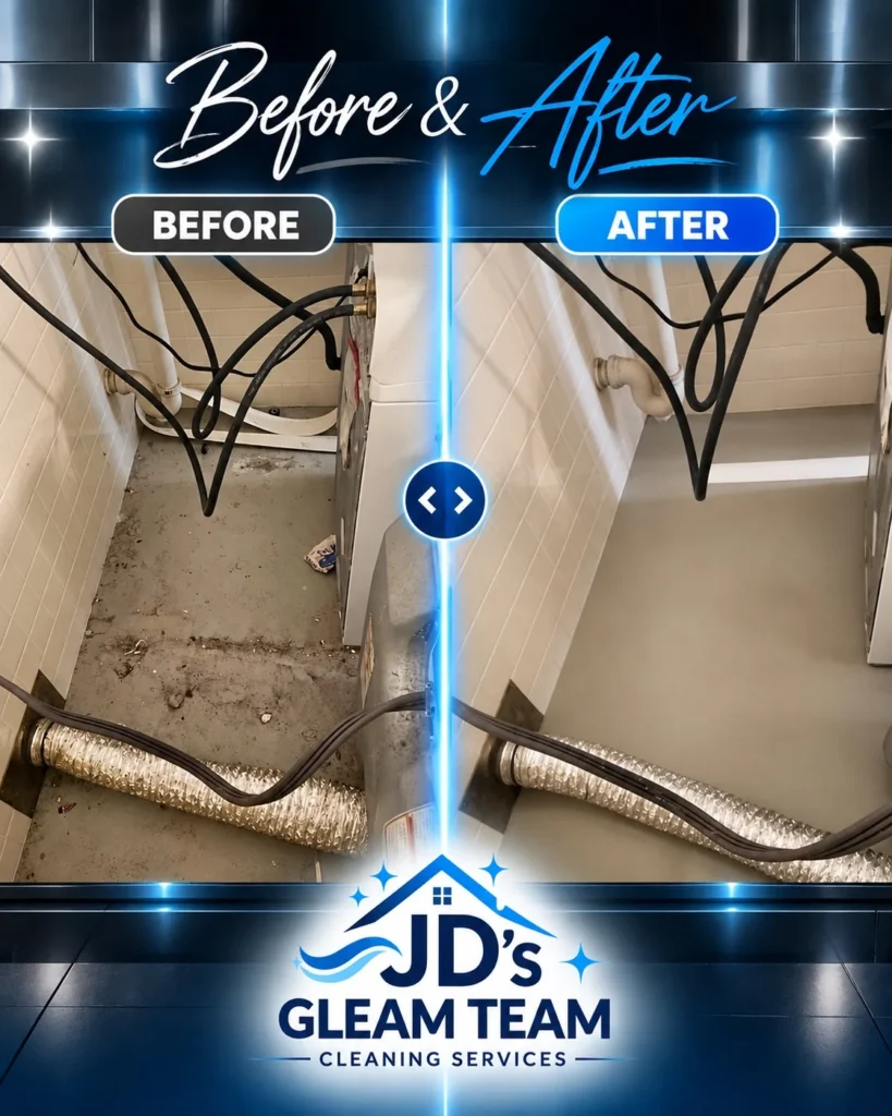 Before-and-after comparison of cleaning the accessible floor behind laundry appliances