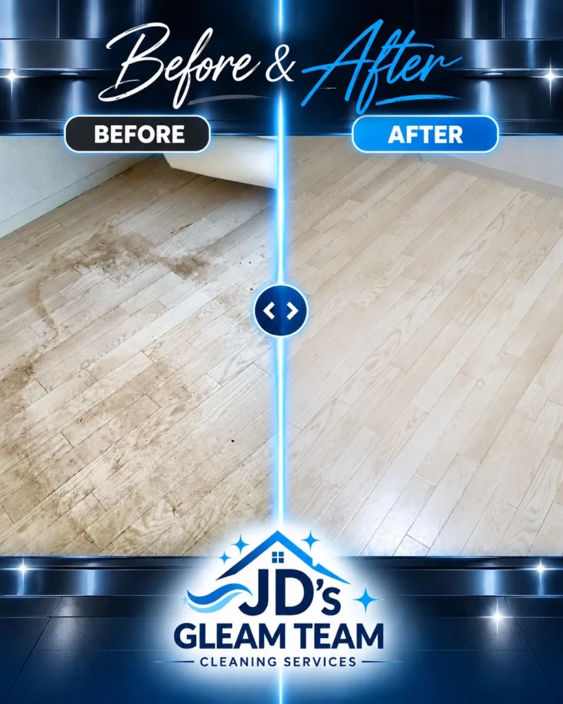 Before-and-after comparison of cleaning a light-colored wood floor