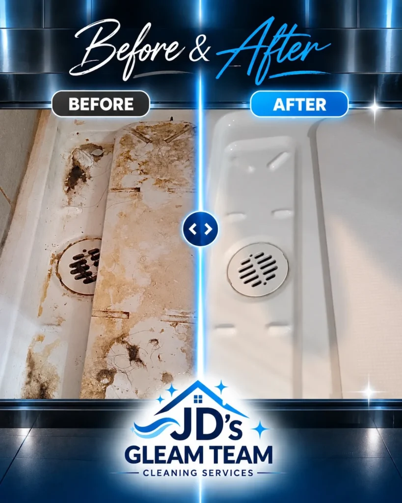 Before-and-after comparison of a shower base and drain area